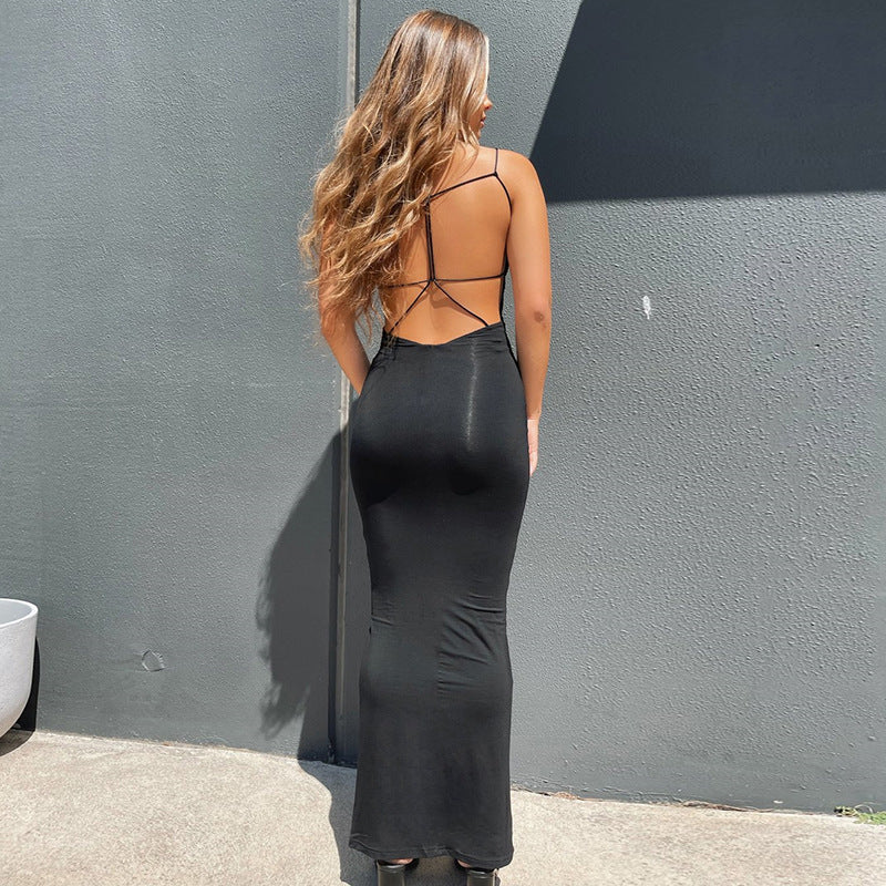 Combhasaki Womens Solid Color Thin Spaghetti Straps Backless Round Cutout Hole Slim Fit Suspender Party Club Slim Fit Long Dress