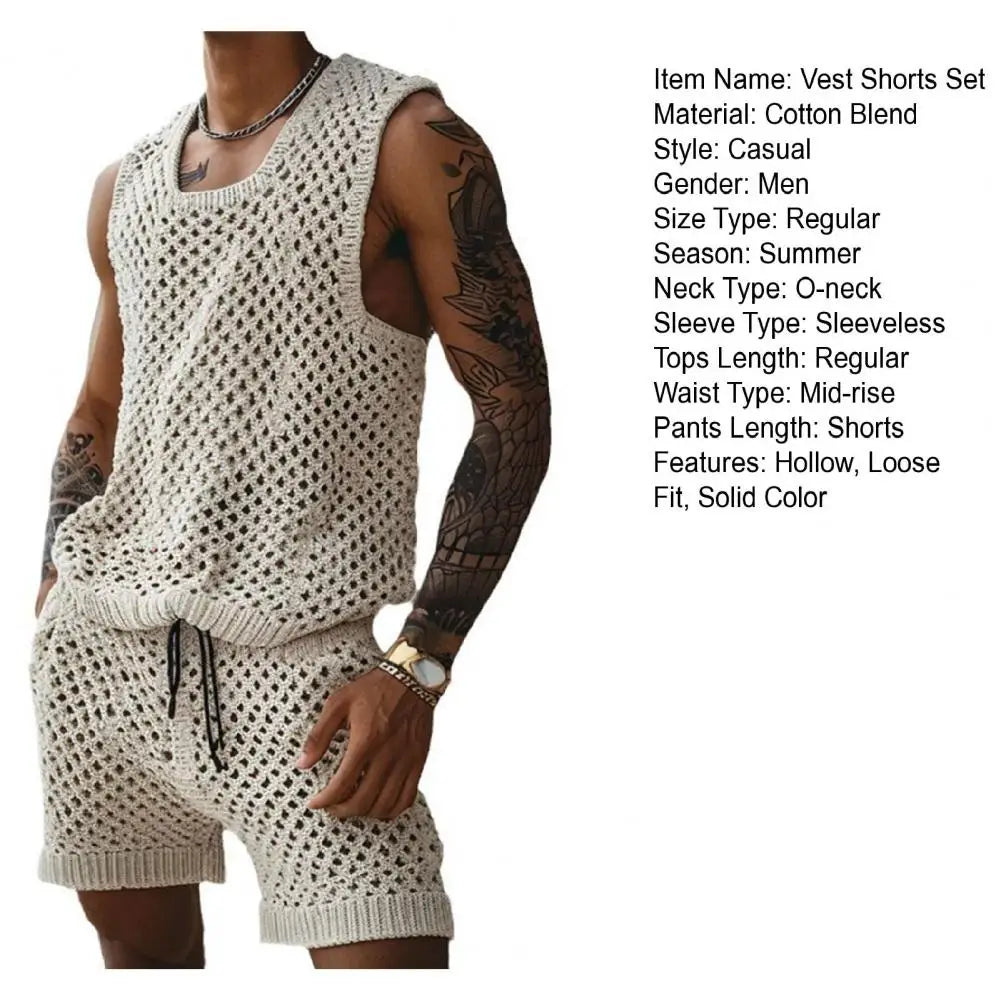 Vest Shorts Set Men's Casual Sleeveless Knit Top Drawstring Shorts Set for Daily Wear Elastic Waist Wide Leg Shorts for Men's