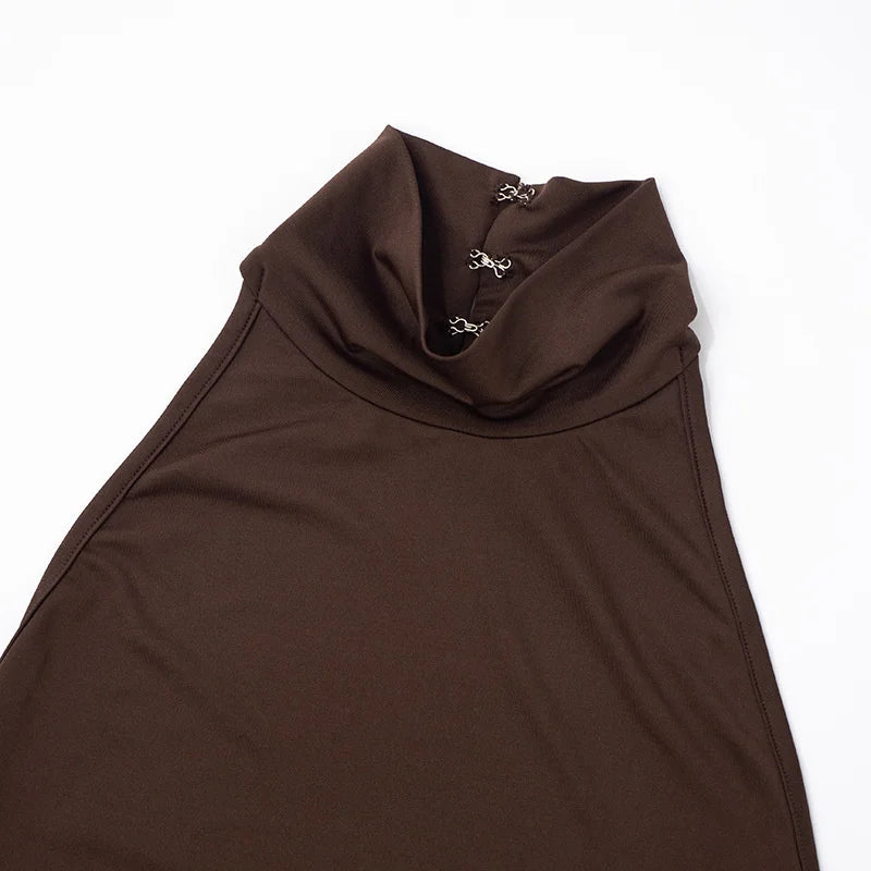 Mozision Turtleneck Backless Ruched Sexy Maxi Dress Women Brown Off-shoulder Backless Bodycon Club Party Long Dresses Female