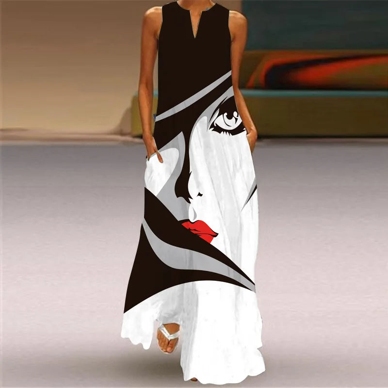 Summer Sexy Maxi Dresses Women Sleeveless V-Neck Robe Party 2025 Retro Loose Beach Vestidos Y2k S-5XL