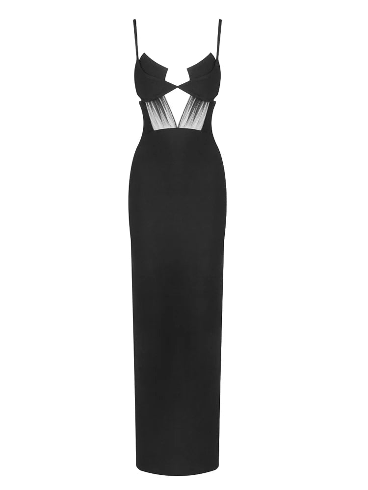 Sexy Spaghetti Strap Mesh Patchwork Hollow Out Bandage Dress Women Black Sleeveless V Neck Bodycon Dresses Evening Party Gowns