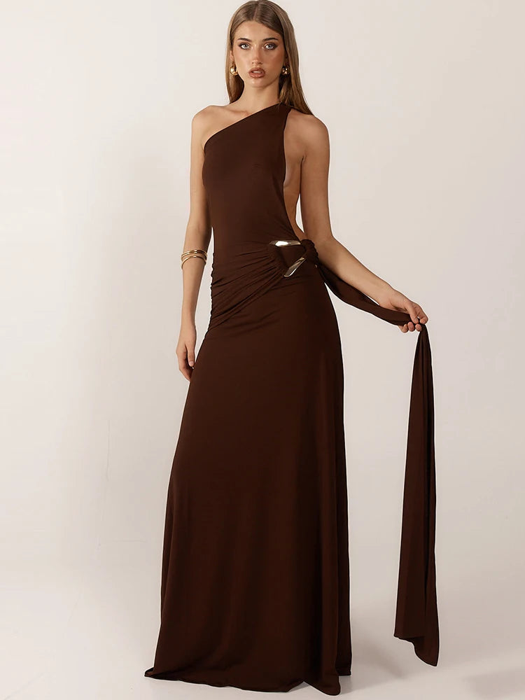Sibybo Oblique Shoulder Sleeveless Ruched Maxi Dress For Women Gown Elegant Metal Rings Backless Bodycon Long Dresses Vestidos