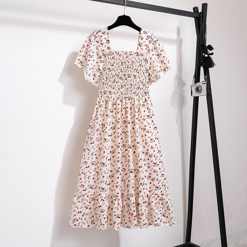 Summer Autumn Fashion Female Short Sleeve Elastic Waist Printed Floral A-line Midi Dress Women Chiffon Dresses Casual Dress