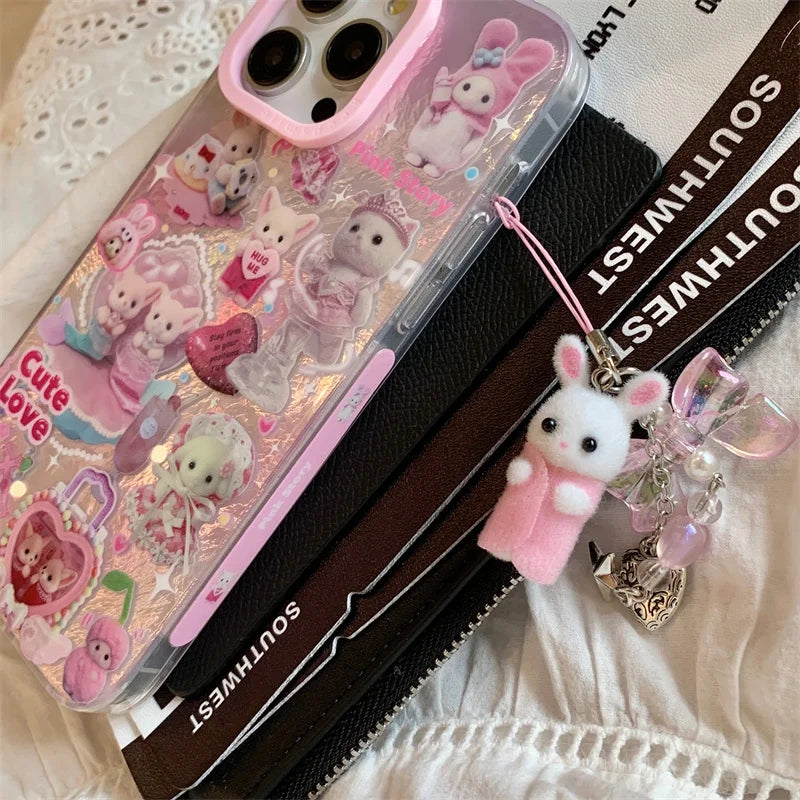 高級レーザーレインボーキュートピンクハートラブキャット漫画電話ケース iPhone 12 13 14 15 16 Pro Max Y2k 3Dふわふわ猫人形ストラップ