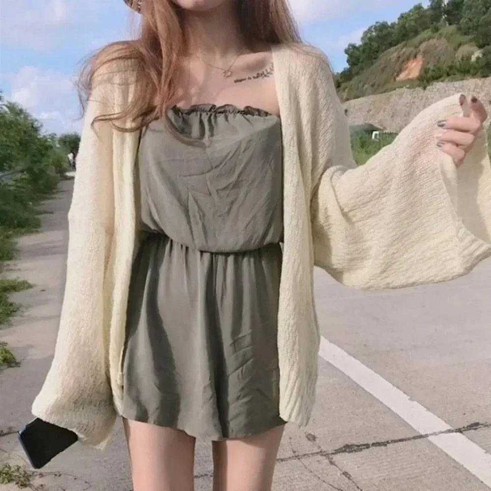 Women's Y2K Korean Cropped Cardigan - Loose Knit Summer Cover-Up for Beach Outfits & Casual Layers