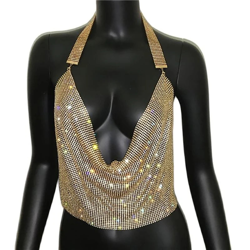 Festival Brilliant Rhinestone Backless Party Crop Top Women 2022 Summer Glitter Evening V Neck Diamonds Metal Tank Tops