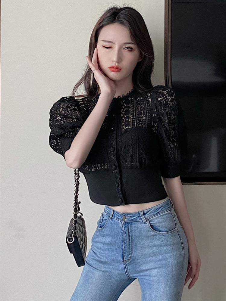 Woherb Sweet Crochet Top Blouse Women Sexy Hollow Out Shirt Vintage Puff Sleeve Korean Shirts Fashion Chic Tops Blusas