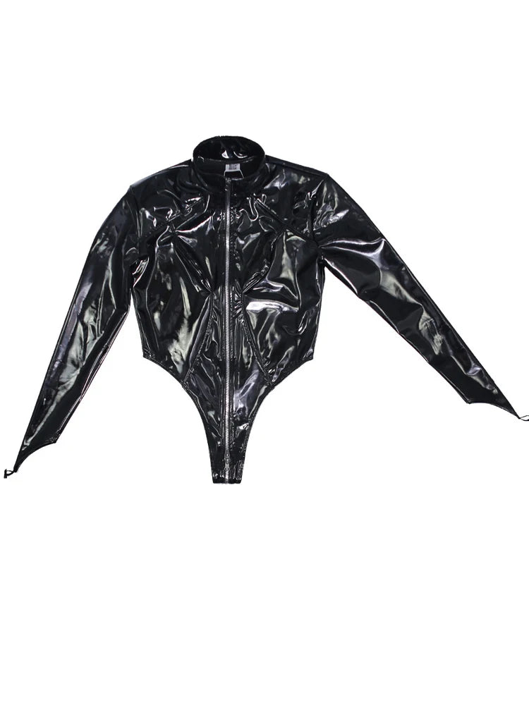 Shiny Faux PU Leather Zipper Open Crotch Bodysuit Wet Look PVC Catsuit Tight Sexy Body Teddies High Cut Swimsuit Leotard Unitard