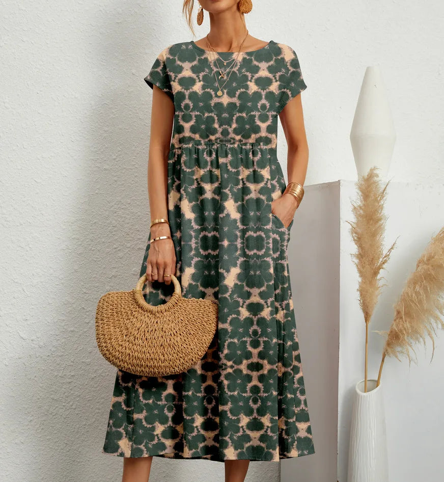 Fashion Women's Cotton and Linen Dress, Round Neck Printed Short Sleeved A-line Maxi Skirt, Unique Floral Long Dresses Vestidos
