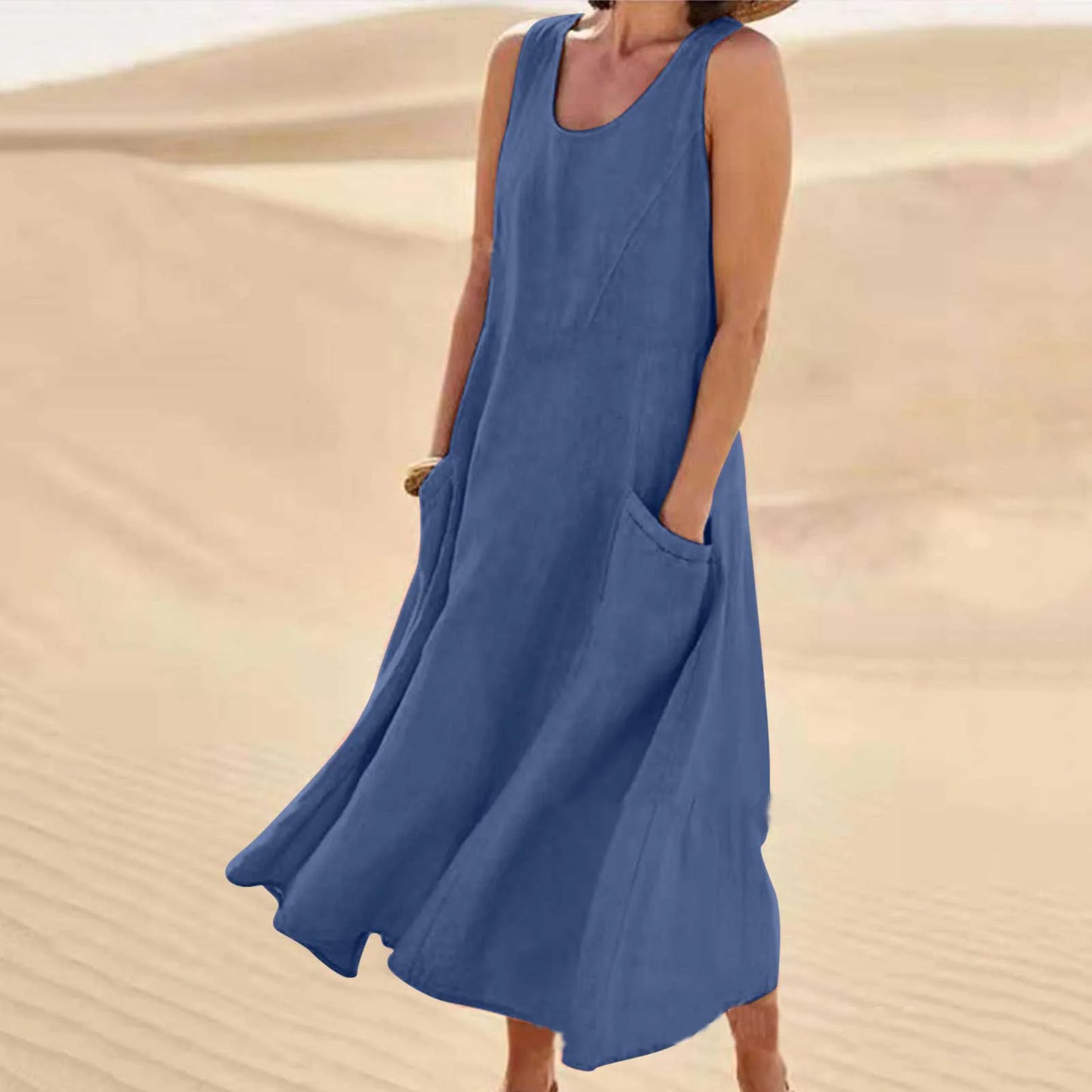 Chic Women Coton Linen Sundress Summer Female Sleeveless Double Big Pocket Loose Sand Beachwear Long Dress Oversized Vestidos