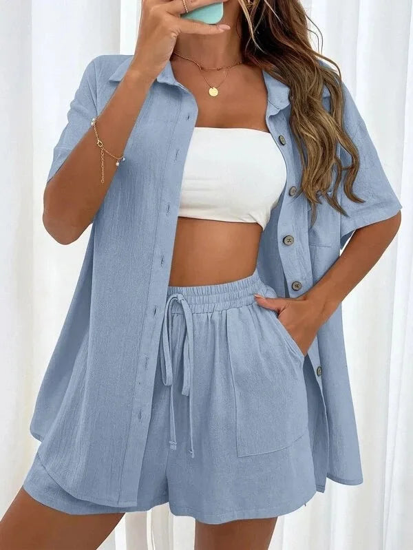 Long Sleeve Single breasted Top Broad legged Shorts Set Fashion Ladies Sexy Solid Suits 2024 Summer 2 Piece Outfits For Women