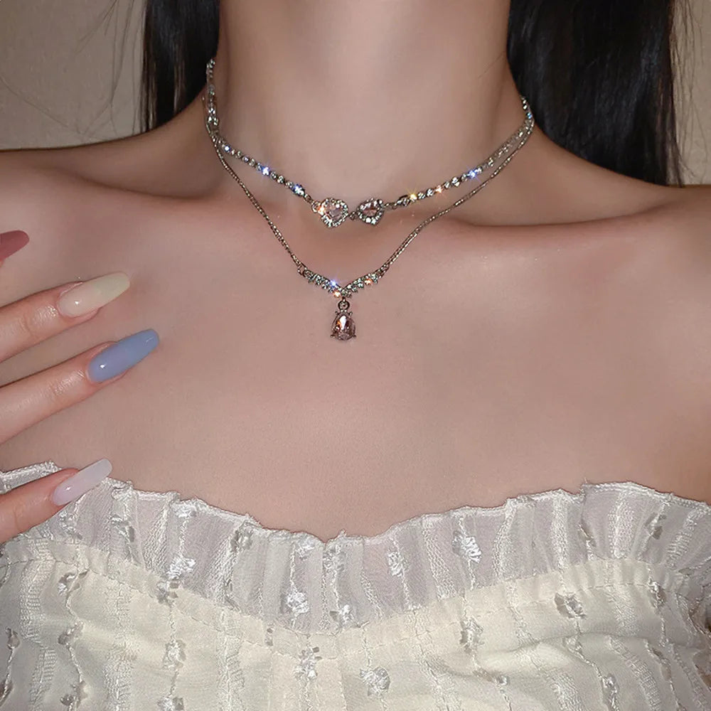 Luxurious Square Pink Zircon Pendant Necklace For Women Fashionable Personalized Daily Accessory Party Jewelry Birthday Gifts