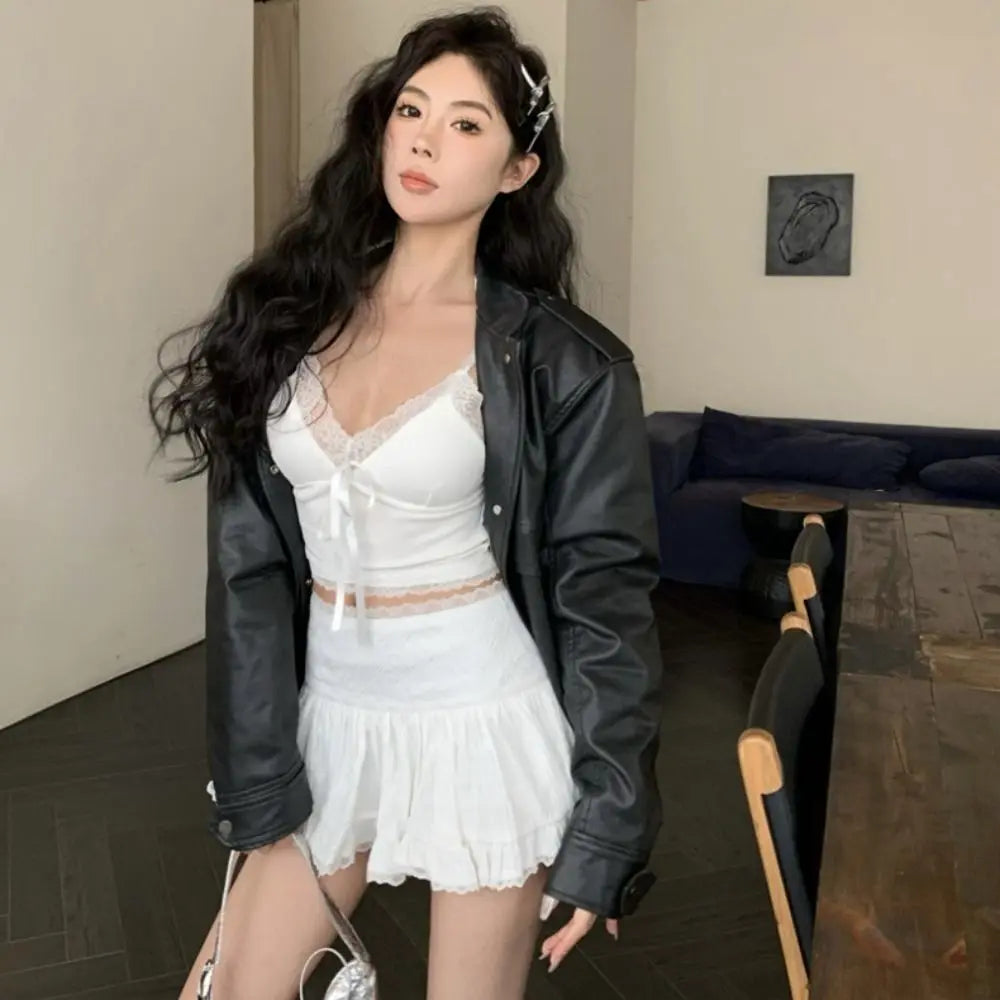 Sensually Innocent Style Ribbon Lace Camisole Slim Fit Ballet Summer Tube Top with Breast Pad INS Hip Hop Short Tank Women Girl