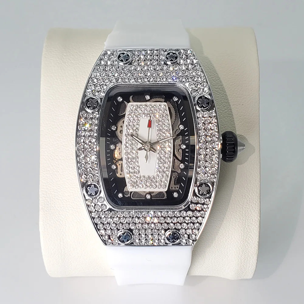 Luxury Diamond Watch For Women Elegant Tonneau Original Design Watches Fashion Ice Out Sport Rubber Strap Waterproof Mille Clock