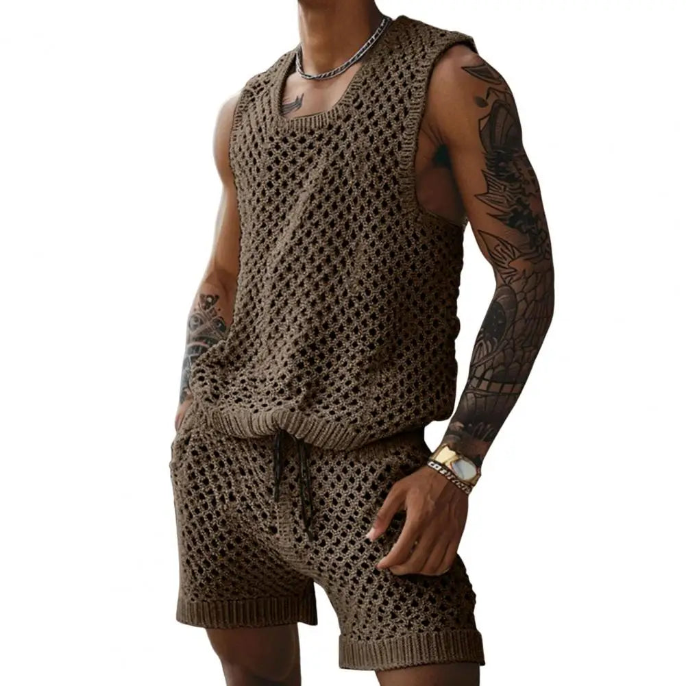 Vest Shorts Set Men's Casual Sleeveless Knit Top Drawstring Shorts Set for Daily Wear Elastic Waist Wide Leg Shorts for Men's