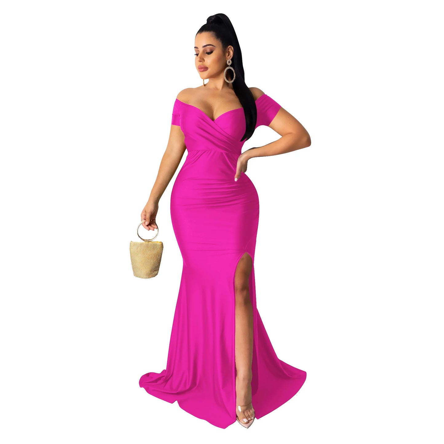 2024Sold Maxi Elegant Luxury Designer Party Dresses Women Off Shoulder Evening Dress Mermaid V-Neck Pleated Backless Long Dress