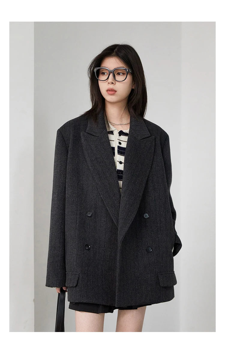 CHIC VEN Women Woolen Blazer Loose Vintage V Neck Female Jacket Suit Double Breasted Office Ladies Coat Spring Autumn 2025