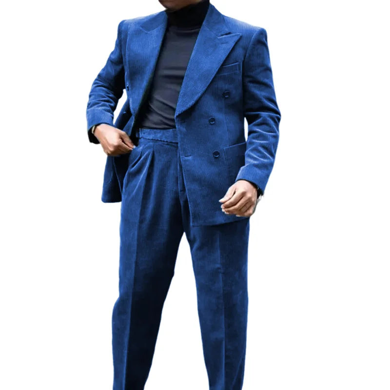 Autumn Winter Corduroy Men's 2 pieces suit Man blue suit Jacket suit Pants Suit Thick top for Wedding Banquet Business