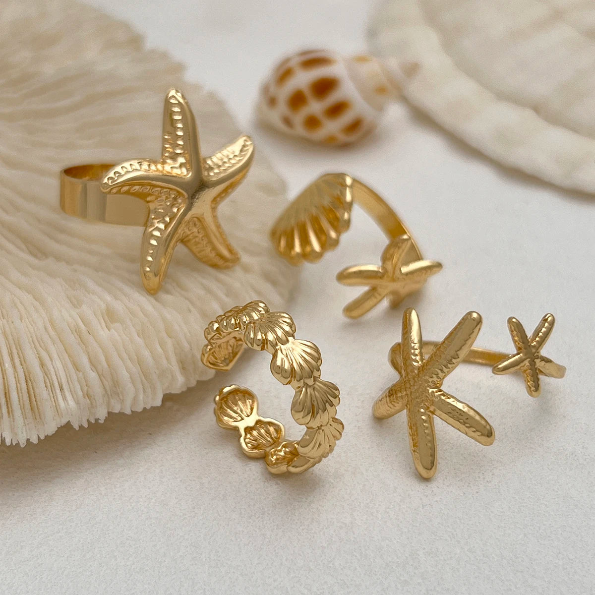 SHIXIN 4Pcs/Set Starfish Scallop Adjustable Open Rings for Women Trendy Geometric Gold Color Ring Summer Beach Jewelry Accessory