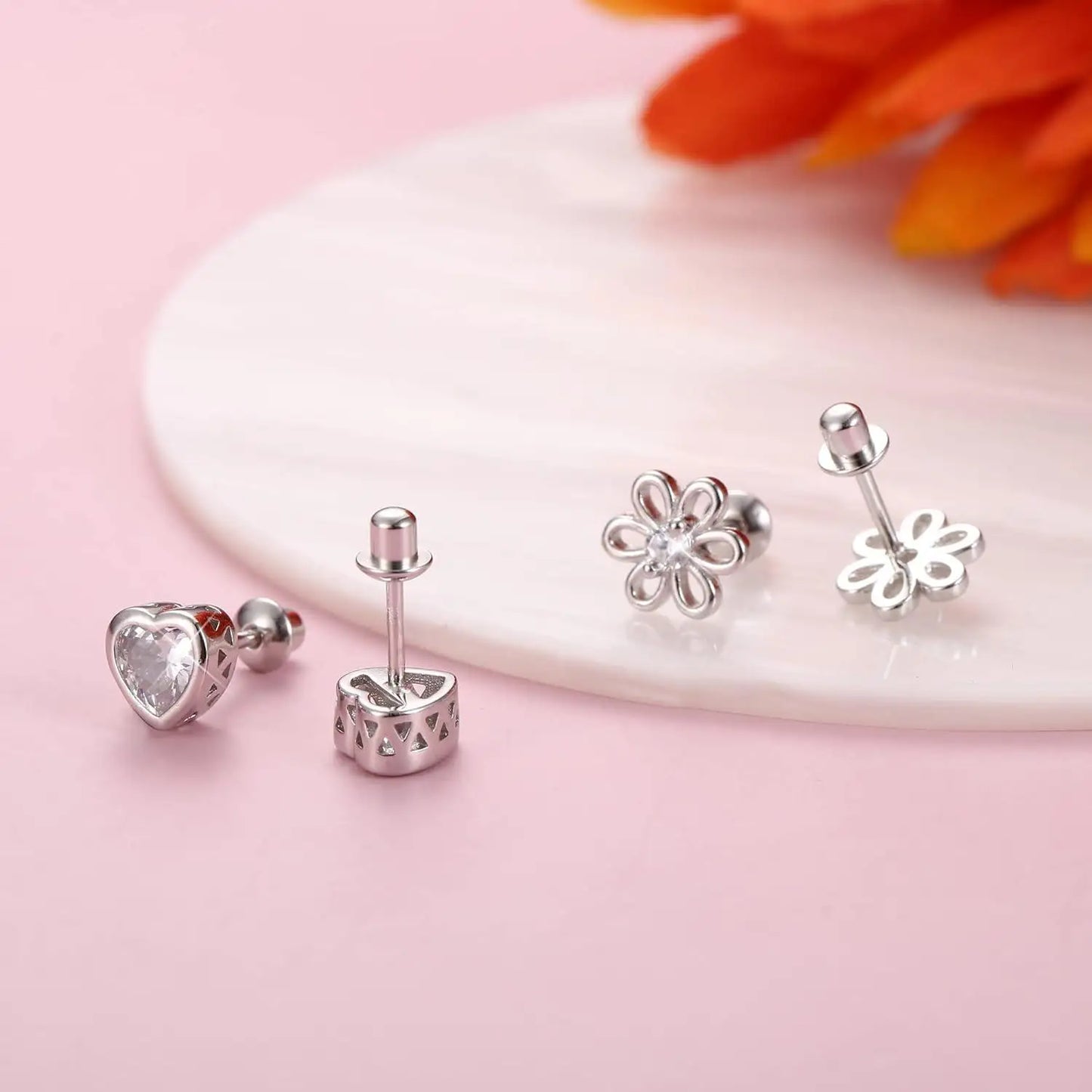 Fansilver 2pcs 925 silver Screw Back Earrings for Women Heart Flower CZ Earring Studs Tragus Cartilage Piercing Jewelry
