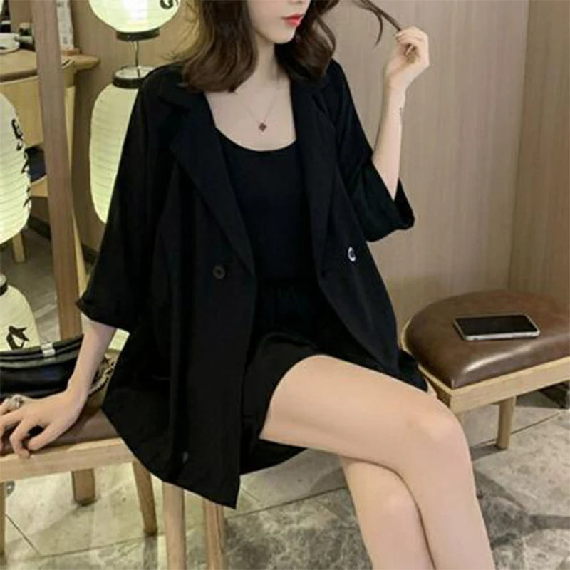 Spring Autumn Korean Style Loose Casual Blazer Camisole Wide Leg Shorts Set Women Simple Elegant Fashion Solid All-match Suit