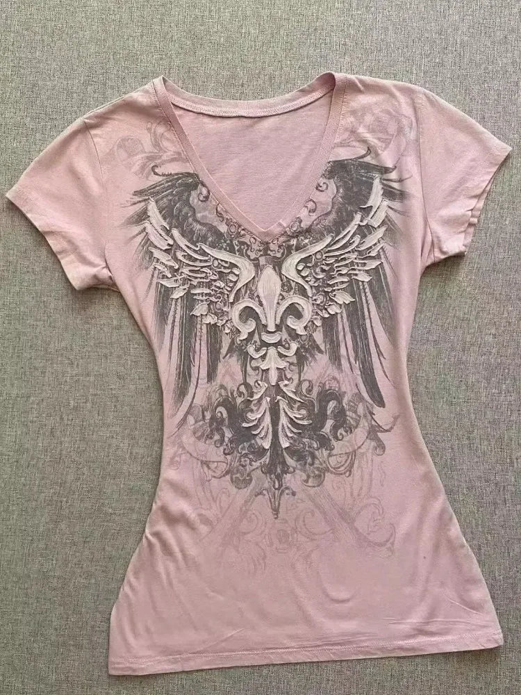 Vintage Clothes Women Print Sexy Punk Streetwear Slim Femme Tees Shirt Gothic Casual Grunge T Shirts 2000s Emo Y2k Crop Top
