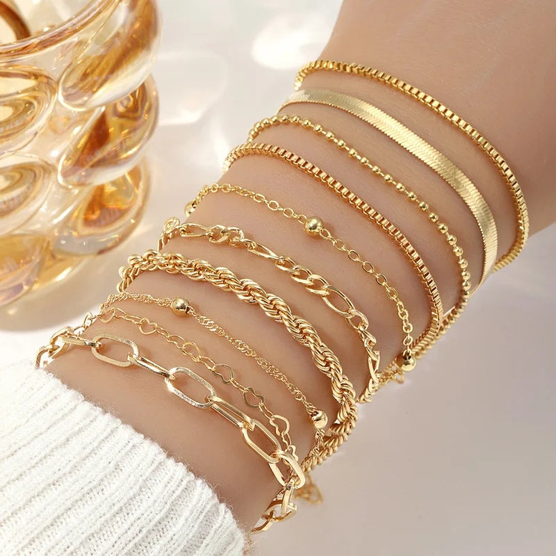 5-piece Bracelet Set, Women's Alloy Round Bead Heart Chain, Minimalist Box Chain Bracelet