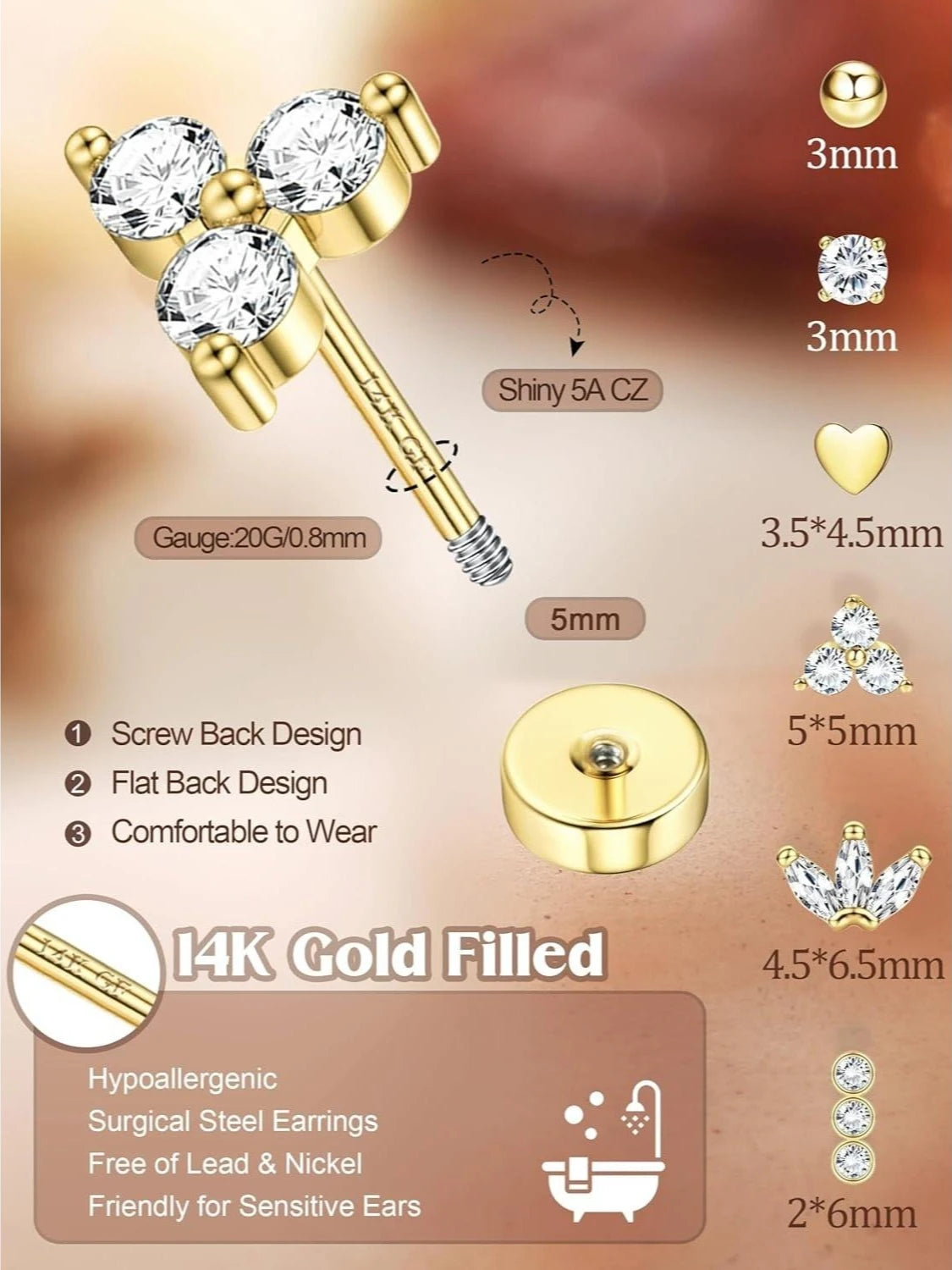 FASACCO Flat Back Stainless Steel Stud Earrings for Women 14K Gold-plated Cartilage Earring Helix Conch Tragus Piercing Jewelry