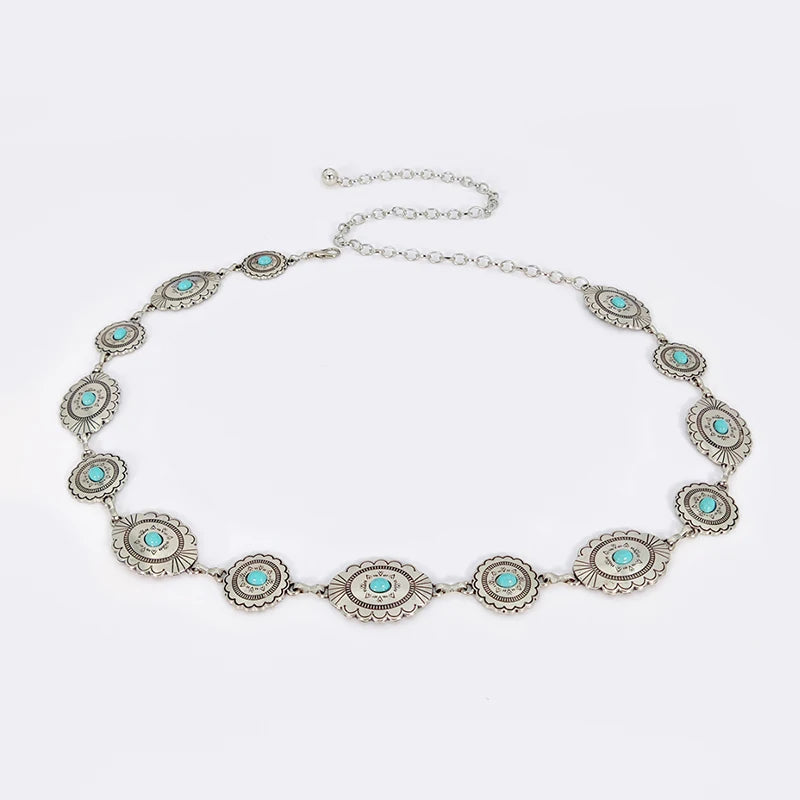 Fashion Silver Bohemian female circular waist chain luxury blue gemstone Ellipse chain belts for women suitable for Skirts dress
