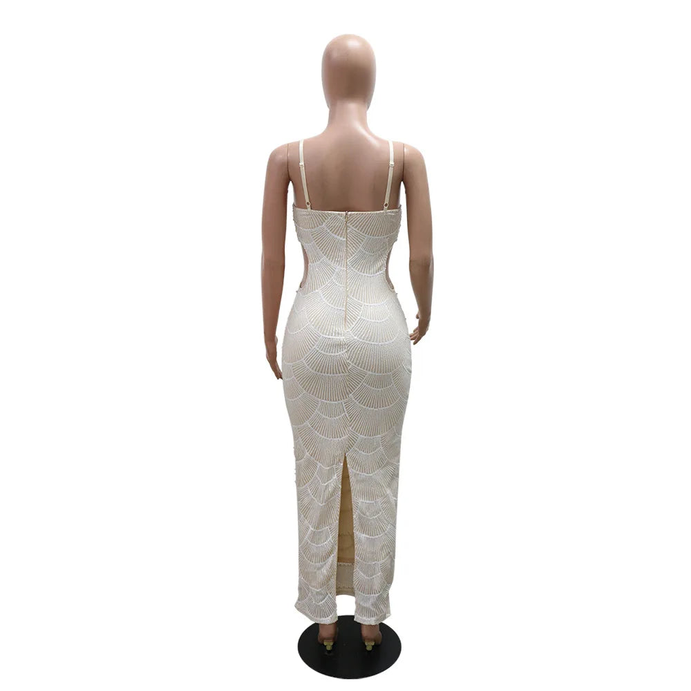 HLJ Sexy Sequin Hollow Bodycon Spaghetti Strap Evening Party Dresses Women Round Neck Sleeveless Slim Vestidos Fashion Clothing