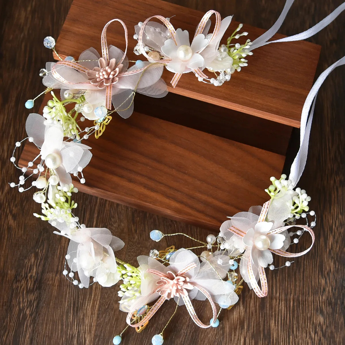 Spring Bohemian Girls Bridal Pearl Hair Headdress Flower Wreath Bride Garland Head Hoop Headbands Hair Jewelry Children Gifts
