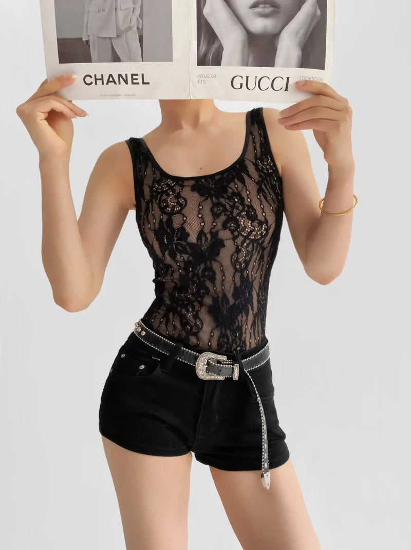 Women's Tank Double Layer Lace Bodysuit With Low Back Detail