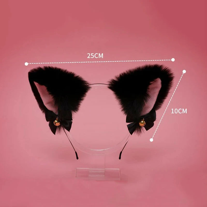 2Pcs Sexy Cat Ears Women Plush Bell Headband with Bell Heart Neckchain Cosplay Masquerade-Party Costume Hair Accessories