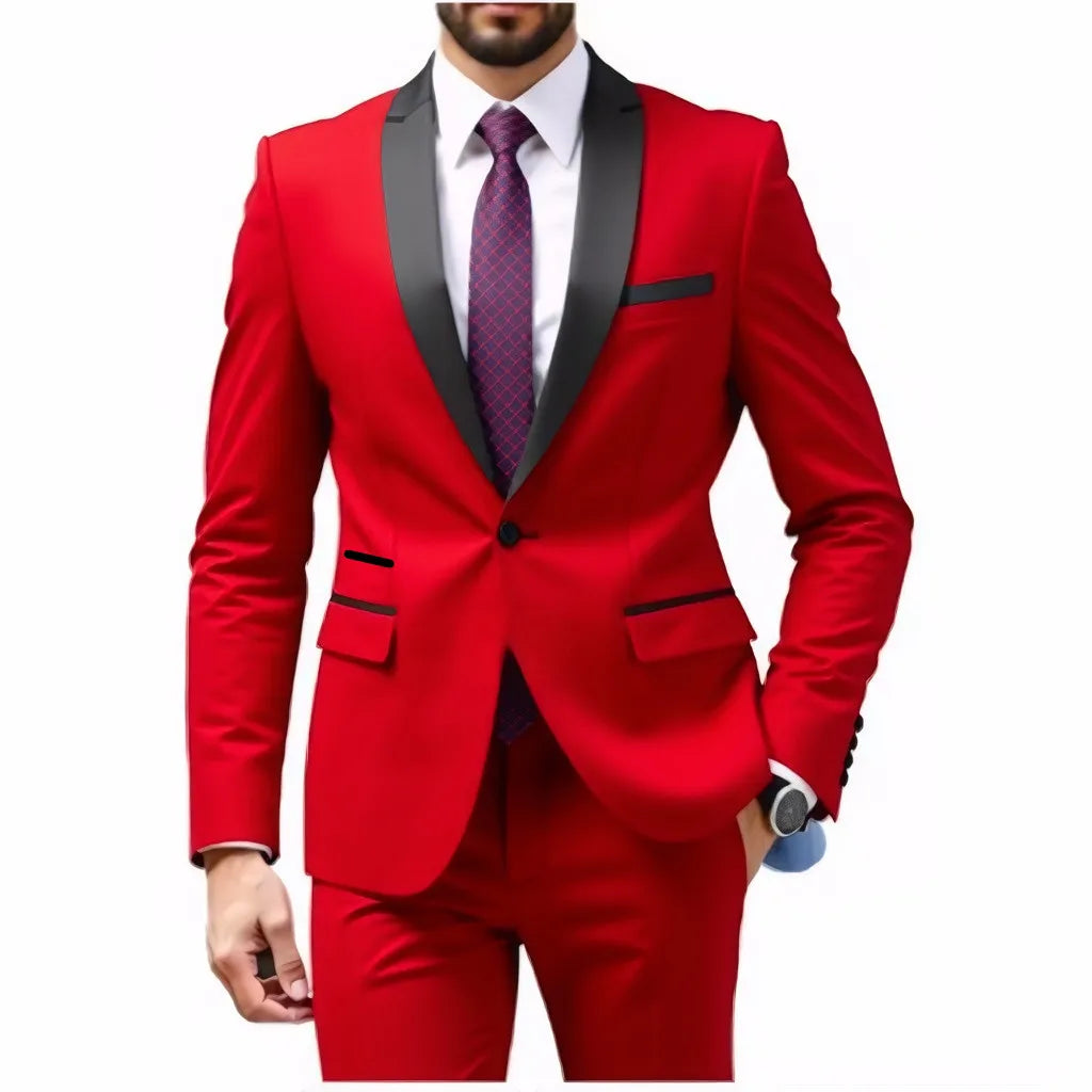 A Two-piece Suit for Men with A Green Collar, A Wedding Suit for The Groom, A Fitted Black Best Man's Suit, and A Wedding Dress