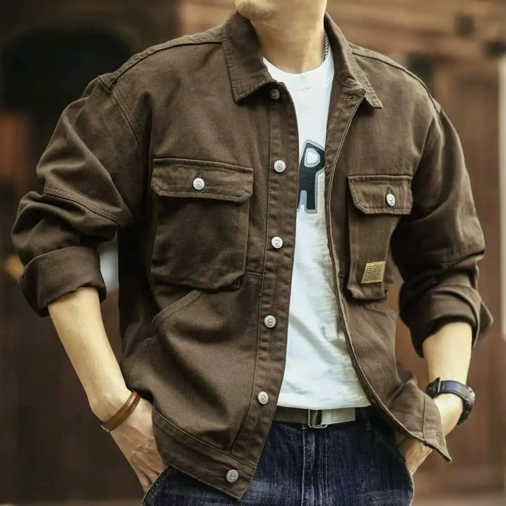 American Retro Denim Jacket Men's Autumn and Winter Trendy Brand Heavyweight Washed Lapel Jacket Trendy and Cool French Workwear