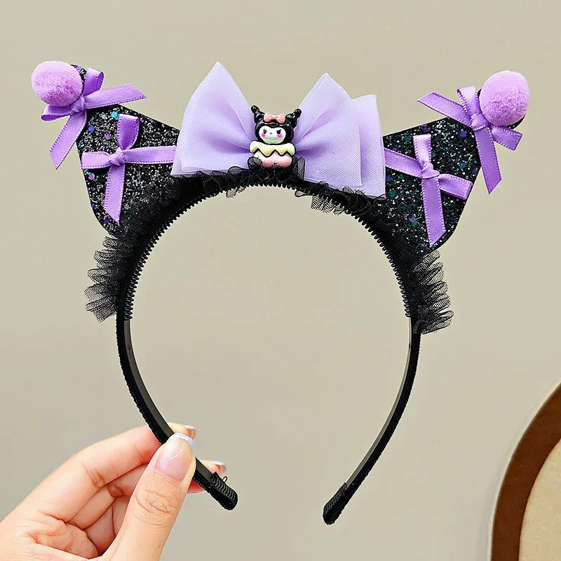 Kawaii Sanrio Kuromi Children Headband Hello Kitty Melody Cinnamoroll Cartoon Bow Shiny Hairband Hair Accessories Christmas Gift