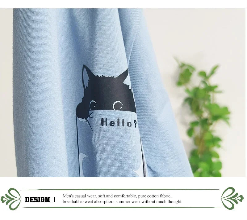 2024 Summer New Pure Cotton Cat Printed Men T-shirts Short Sleeve Casual Solid Color Simple Thin Men Tops BOK0121