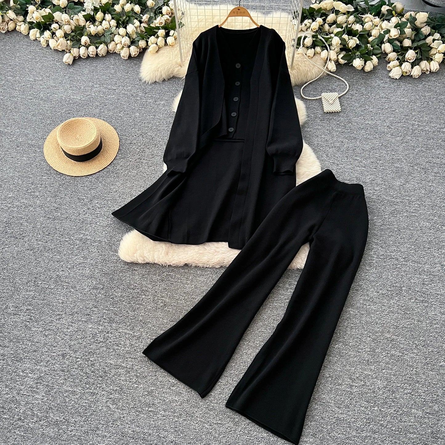 SINGREINY Autumn Knitted Warm Suits V Neck Buttons Vest+Full Sleeve Long Cardigans+Wide Legs Pants Women Solid Three Pieces Sets