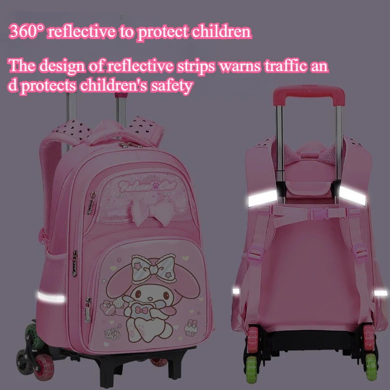 New Kuromi Trolley School Bag Melody Girls Trolley Bag Stationery Storage 2 Wheels/6 Wheels Telescopic Folding Climbing Floors