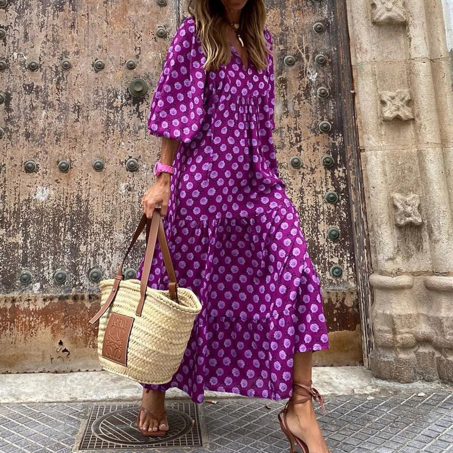 Women's Summer Casual Fashion Geometric Print Neckline Lace-up Bubble Middle-sleeves Ruffle Stitching Big Swing Long Losse Dress