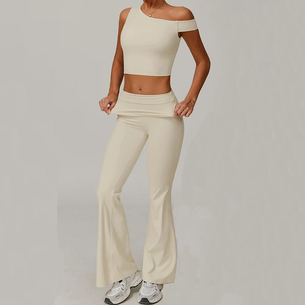 2Pcs Gym Set Sportswear Women Sports Tank Tops High Waist Stretch Flared Pant Gym Suit Fitness Clothes Activewear Workout Sets