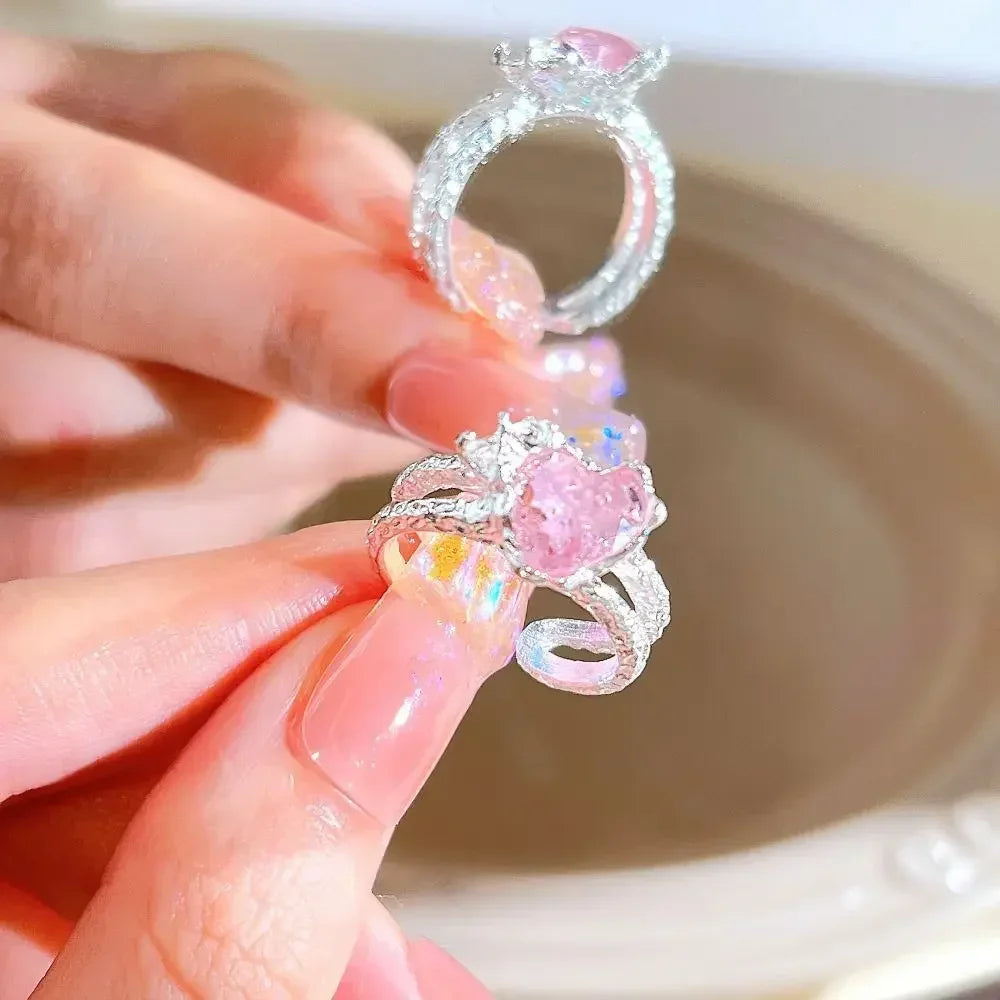 Adjustable Crystal Rings Y2K Pink Irregular Geometry Vintage Bowknot Heart Ring Set for Women Girl 2023 New Fashion Jewelry Gift
