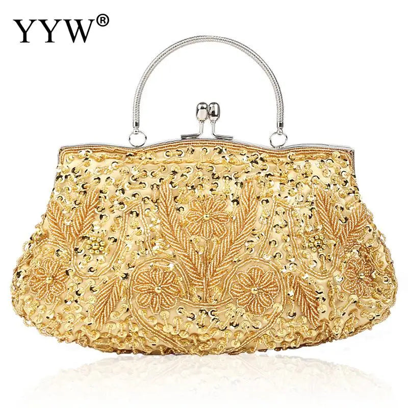Crystal Beaded Evening Party Clutch Handbag Women Floral Printing Soft Tote Bags Metal Top Handle Wedding Brides Messenger Purse