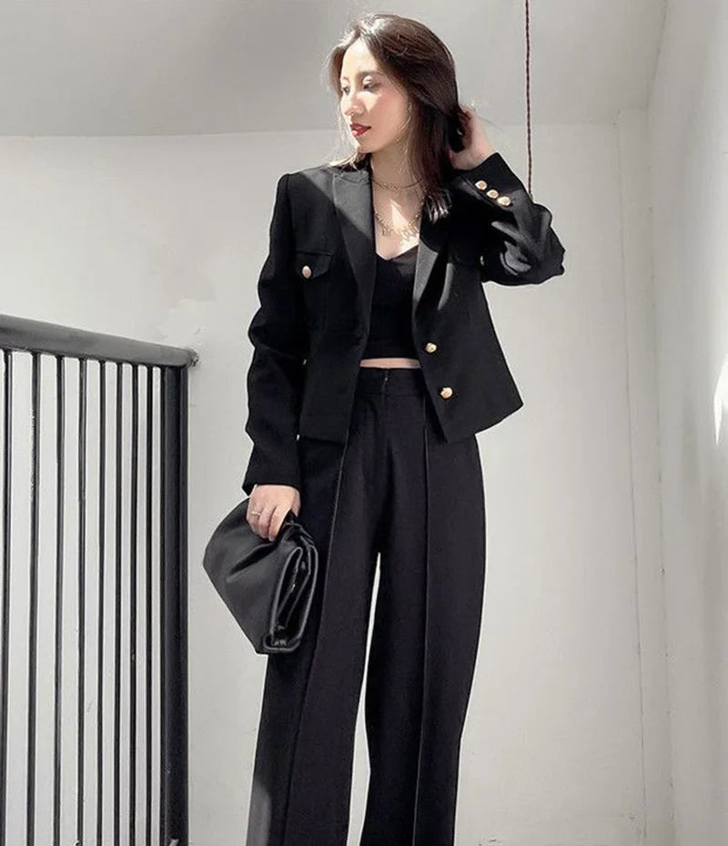 Zoki Casual Black Blazer Coats Women Fashion Slim Long Sleeve Elegant Short Jackets Fall Korean Double Buttons Office Lady Tops