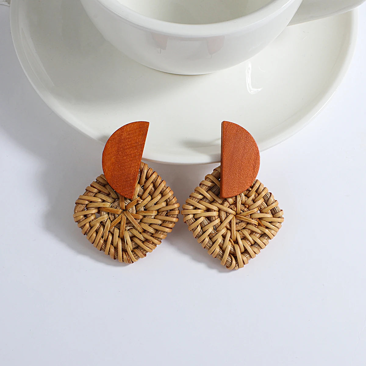 AENSOA Boho Handmade Geometric Wooden Rattan Braid Drop Earrings for Women Ethnic Bohemia Statement Earring Wholesale Jewelry