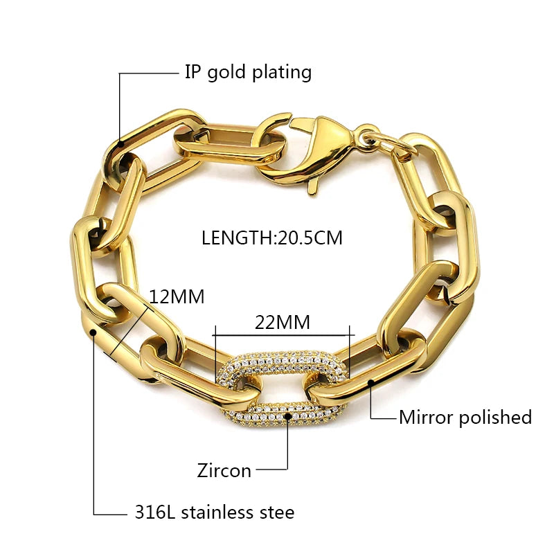 Fashion Women Big Chunky Bracelets Chains with Blink Rhinestones Link Gold Silver Color Surgical Stainless Steel Bracelets