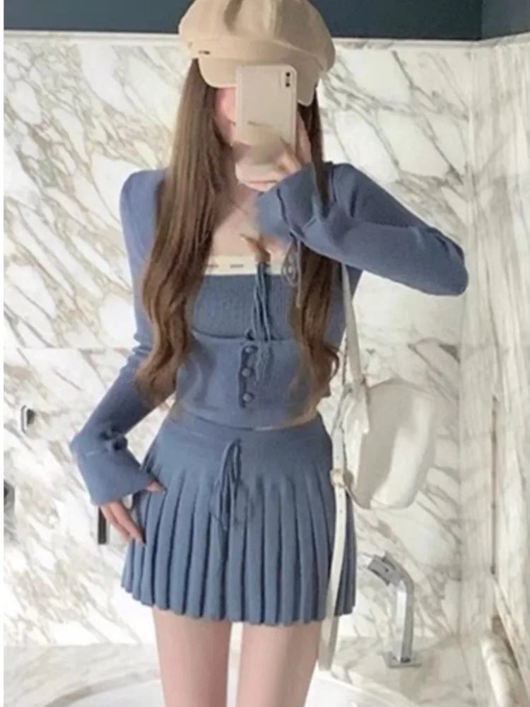 Woman Y2k Matching 3 Piece Set New Products Sweet Solid Knitted Cropped Patchwork Vest Slim Cardigan Mini Pleated Skirt Autumn