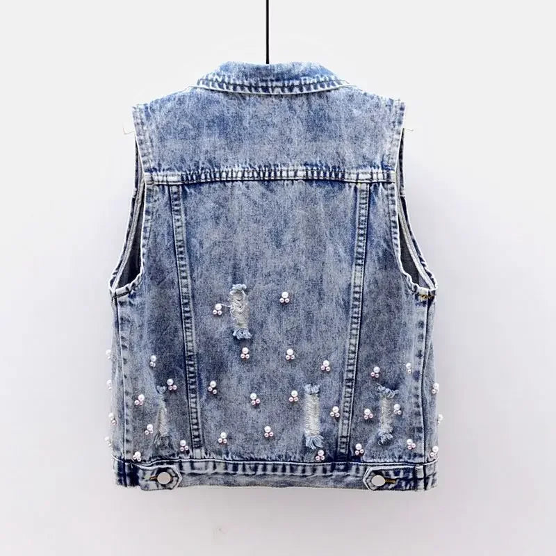 Women Denim Vest Jacket New Autumn Embroidery Beads Sleeveless Vintage Hole Jeans Vest Jacket Overcoat Female Tops Waistcoat