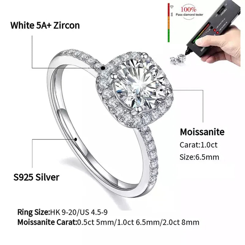 本物モアサナイト 925スターリングシルバーリング レディース用 スクエア ラウンド 1CT 2CT 3CT ブリリアントダイヤモンド 指輪 バンド ウェディングジュエリー ギフト