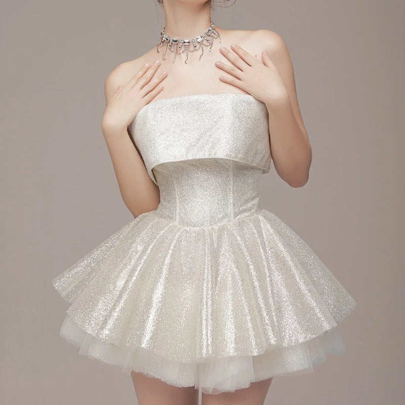 Elegant Glitter Hight Waist Solid Party Dress Fashion Backless Slim Evening Dress Sexy Strapless Sleeveless Bodycon Mini Dresses